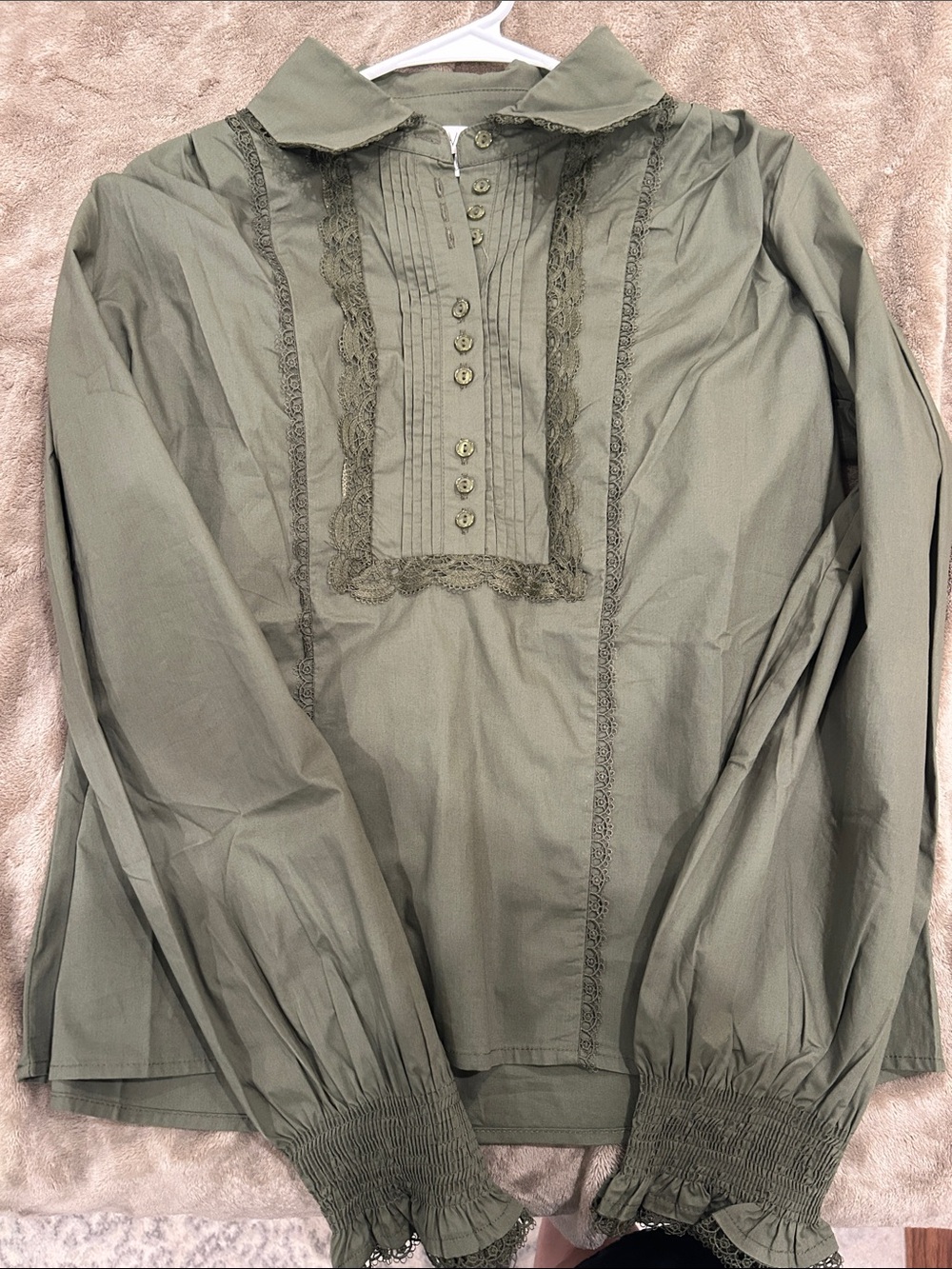 Olive Green Lace-Trim Button Front Women's Top